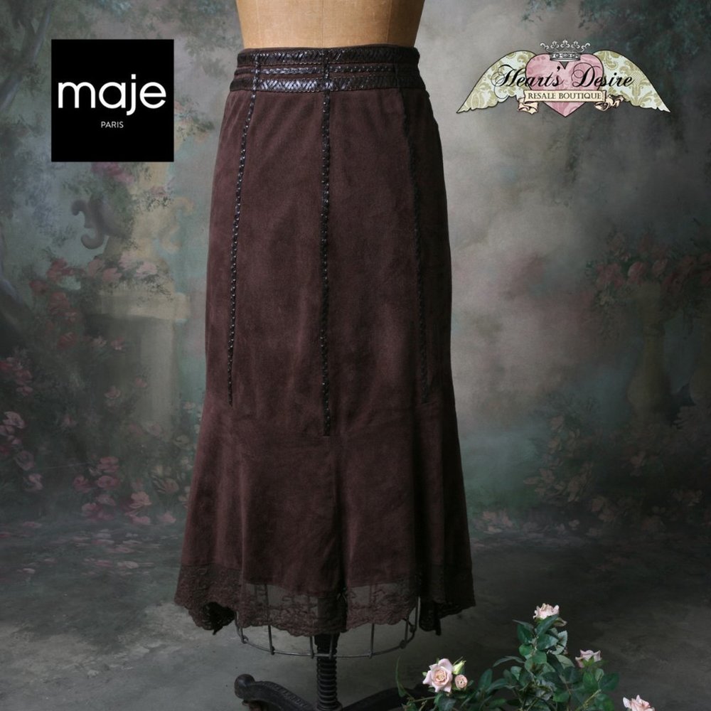 Maje Women's Brown Ultra Suede Midi Fit n Flare Skirt Woven Leather Lace Accents